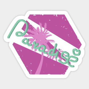 Lettering PARADISE. Green font on pink background. Mood of summer Sticker